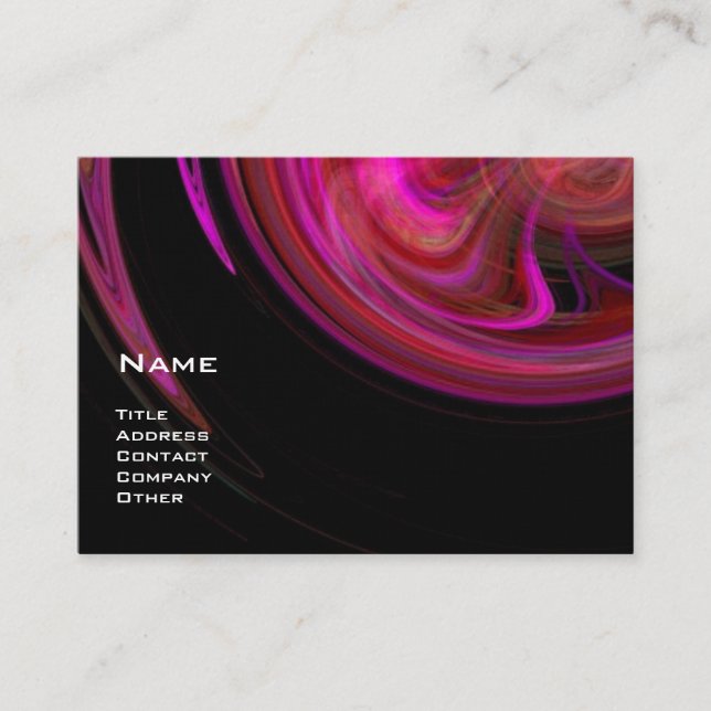 LIGHT VORTEX, RED PINK PURPLE FRACTAL SWIRLS Black Business Card (Front)