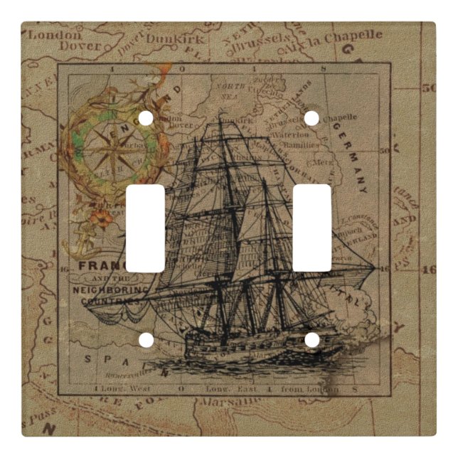 Light Wall Switch with Vintage Nautical Map Cover (Front)