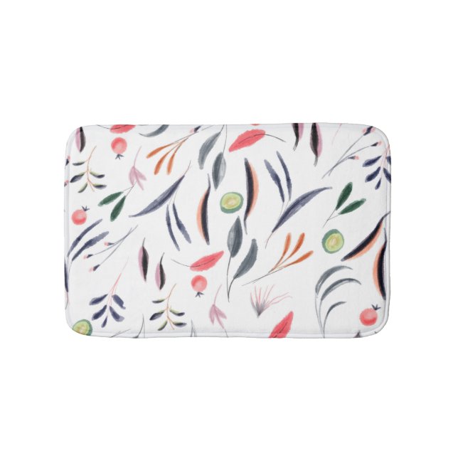 Light Watercolor Leaves and Berries Pattern Bath Mat (Front)