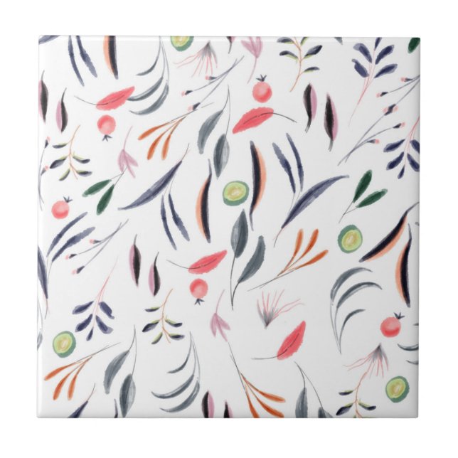 Light Watercolor Leaves and Berries Pattern Ceramic Tile (Front)