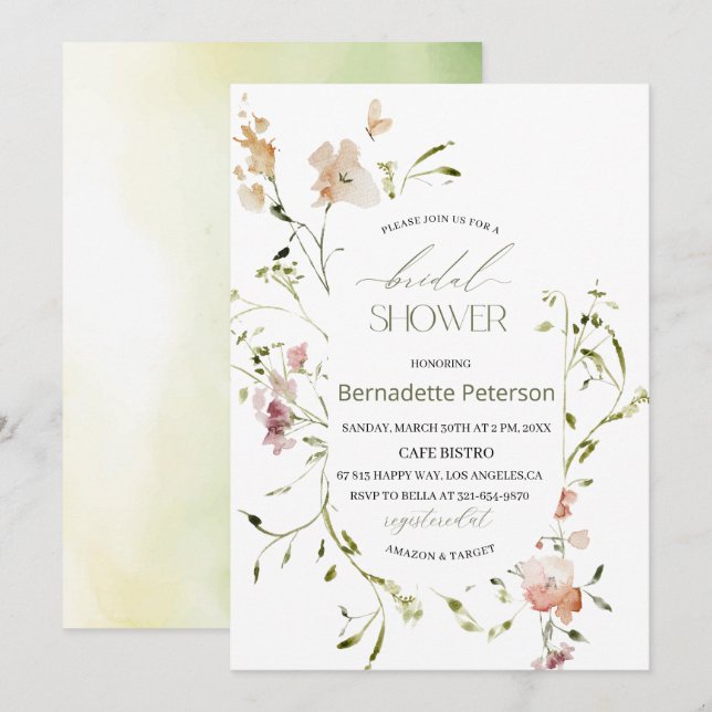 Light  Watercolor Wildflowers  Bridal Shower Invitation (Front/Back)