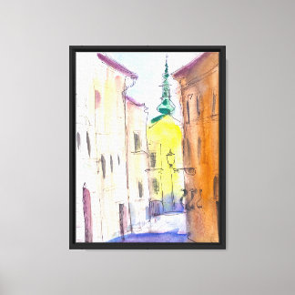 light watercolor with ink drawing, medieval street canvas print
