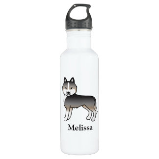 Light Wolf Grey Siberian Husky Cartoon Dog &amp; Name Stainless Steel Water Bottle