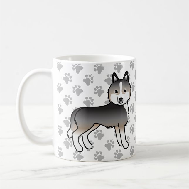 Light Wolf Grey Siberian Husky Cartoon Dog & Paws Coffee Mug (Left)