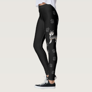 Light Wolf Grey Siberian Husky Cartoon Dog & Paws Leggings