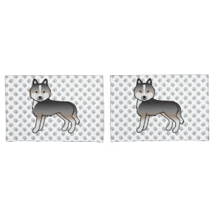 Light Wolf Grey Siberian Husky Cartoon Dog & Paws Pillow Case