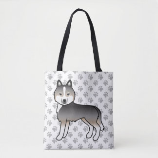 Light Wolf Grey Siberian Husky Cartoon Dog &amp; Paws Tote Bag