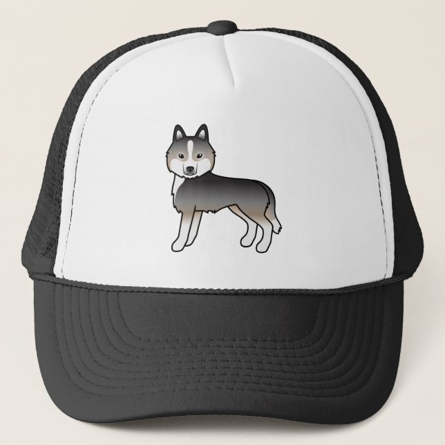 Light Wolf Grey Siberian Husky Cute Cartoon Dog Trucker Hat (Front)