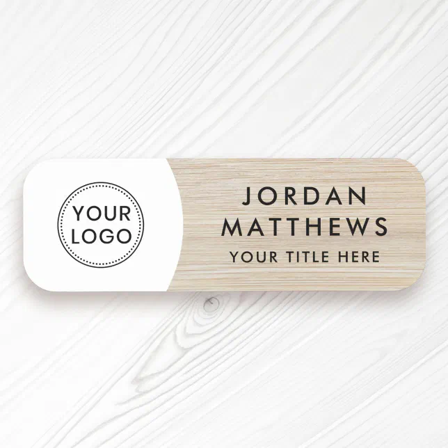 Light wood custom logo, name and title white name tag | Zazzle
