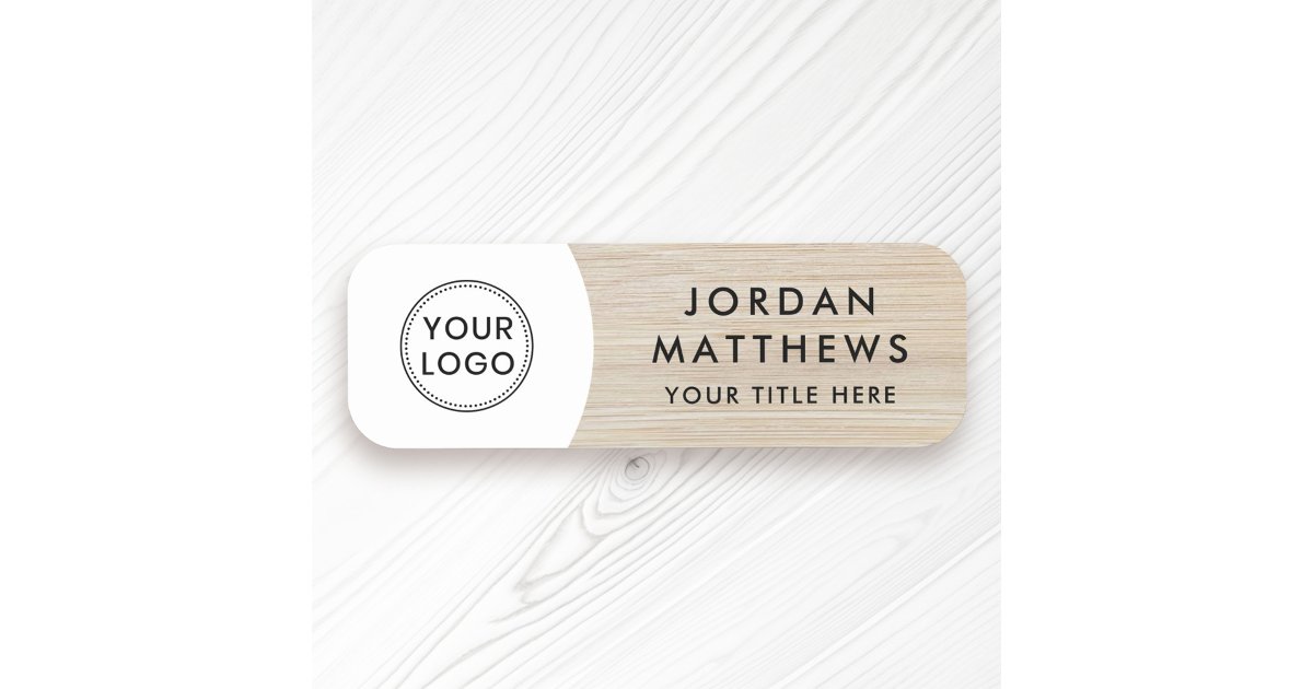 Light wood custom logo, name and title white name tag | Zazzle