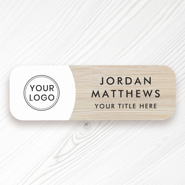 Light wood custom logo, name and title white name tag (Light wood custom logo, name and title white name tag)