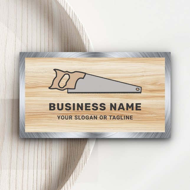 Light Wood Grain Steel Hand Saw Handyman Carpenter Business Card (Creator Uploaded)