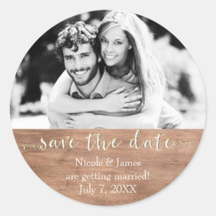Light Wood SAVE THE DATE Glam Rustic Wedding Photo Classic Round Sticker