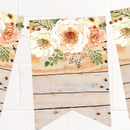 Light Wooden Panel Watercolor Floral Flowers Bunting Flags