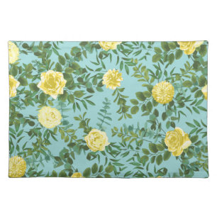 Light Yellow Aqua Teal Rose Floral Wedding Cloth Placemat