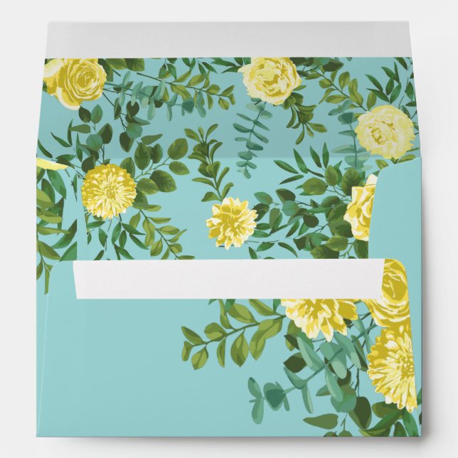 Light Yellow & Aqua Teal Rose Floral Wedding Envelope (Back (Bottom))