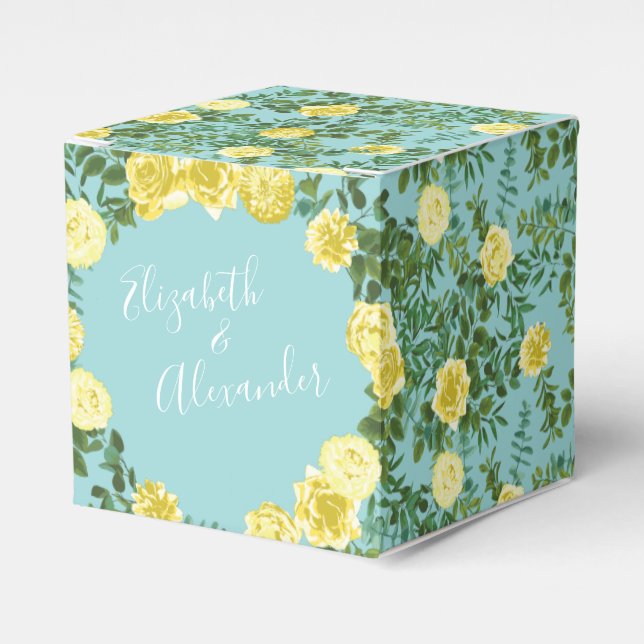 Light Yellow & Aqua Teal Rose Floral Wedding Favor Boxes (Front Side)