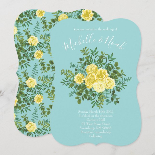 Light Yellow & Aqua Teal Rose Floral Wedding Invitation (Front/Back)