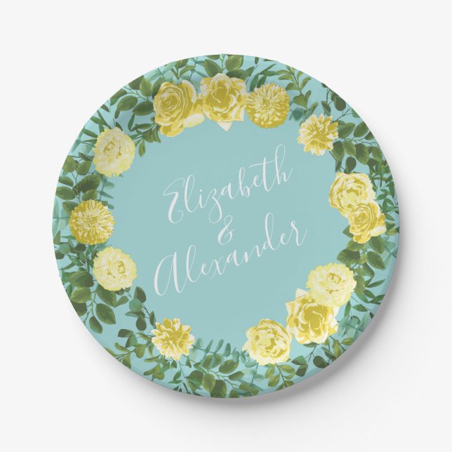 Light Yellow & Aqua Teal Rose Floral Wedding Paper Plates (Front)