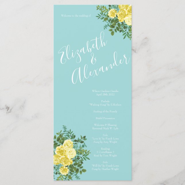 Light Yellow Aqua Teal Rose Wedding Programs (Front)