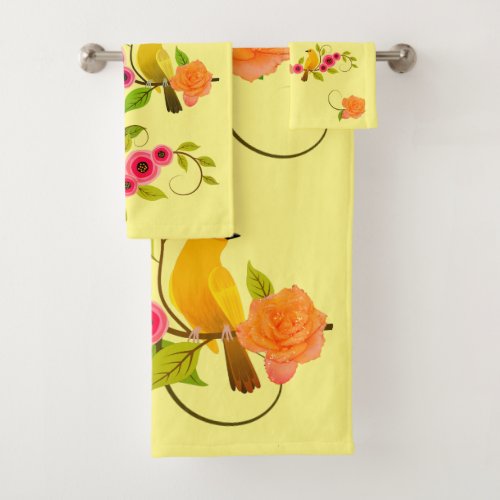 Light Yellow _ Bird  Yellow Rose Bath Towel Set