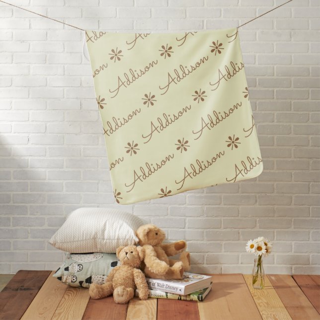 Light Yellow & Brown Reversible Custom Name Baby Blanket (In Situ)