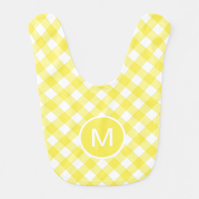 Light Yellow Classic Gingham Pattern Monogram Baby Bib (Front)