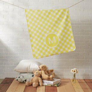 Light Yellow Classic Gingham Pattern Monogram Baby Blanket