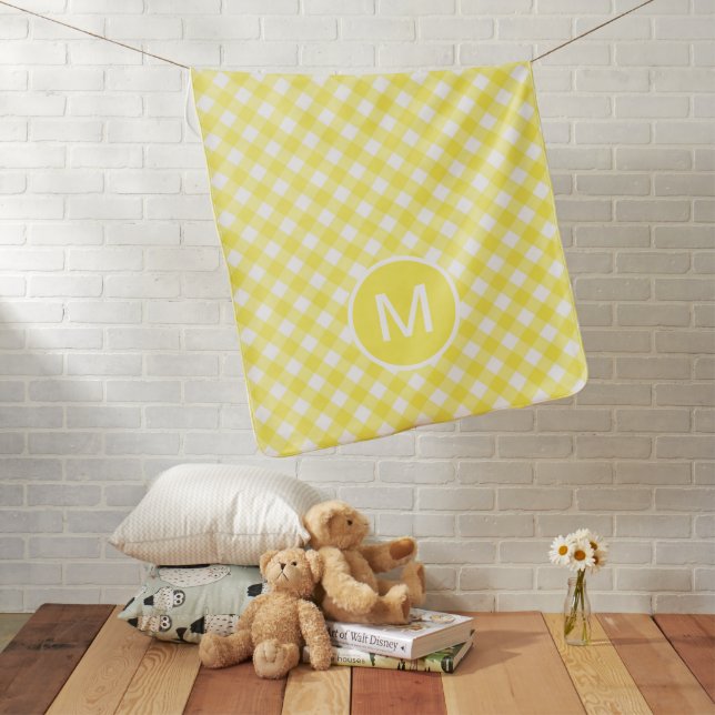 Light Yellow Classic Gingham Pattern Monogram Baby Blanket (In Situ)