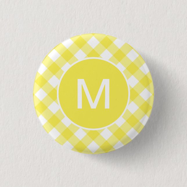 Light Yellow Classic Gingham Pattern Monogram Button (Front)