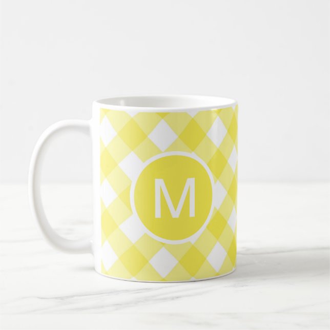 Light Yellow Classic Gingham Pattern Monogram Coffee Mug (Left)