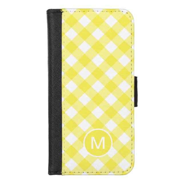 Light Yellow Classic Gingham Pattern Monogram iPhone Wallet Case (Front)