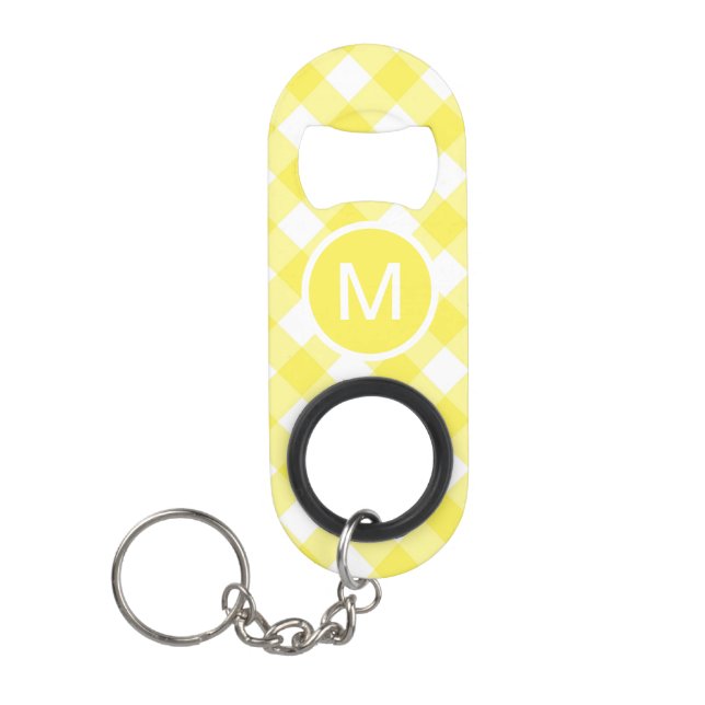 Light Yellow Classic Gingham Pattern Monogram Keychain Bottle Opener (Front)