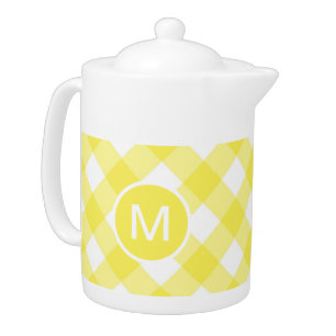 Light Yellow Classic Gingham Pattern Monogram Teapot