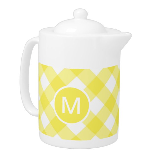 Light Yellow Classic Gingham Pattern Monogram Teapot (Left)
