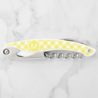 Light Yellow Classic Gingham Pattern Monogram Waiter's Corkscrew