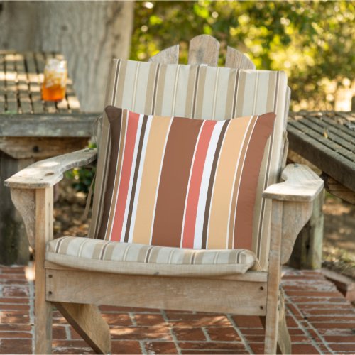 Light Yellow Coral Red Dark Brown White Stripes Outdoor Pillow