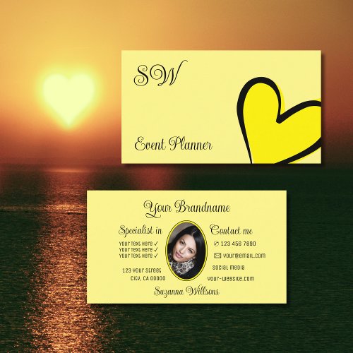 Light Yellow Cute Heart with Monogram and Photo Business Card
