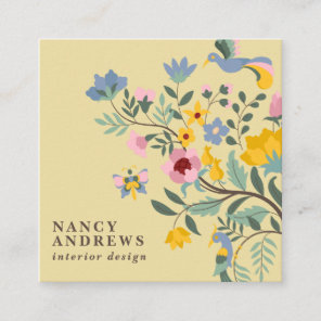 Light yellow floral bouquet whimsical illustration square business card