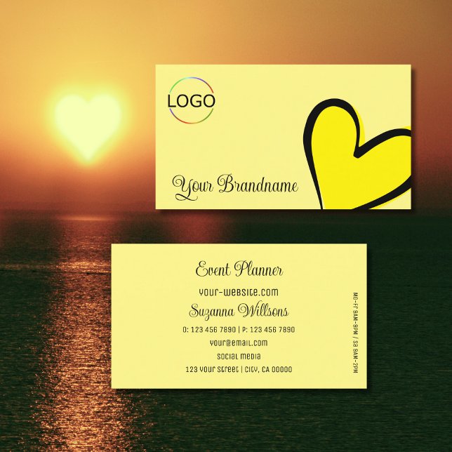 Light Yellow Gorgeous Heart Modern with Logo Cute Business Card (Creator Uploaded)