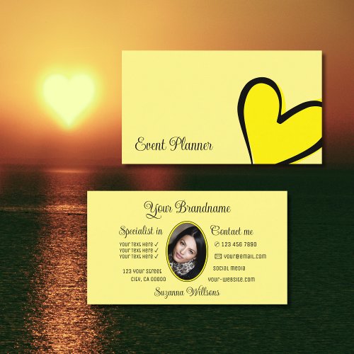 Light Yellow Gorgeous Heart Modern with Photo Cute Business Card