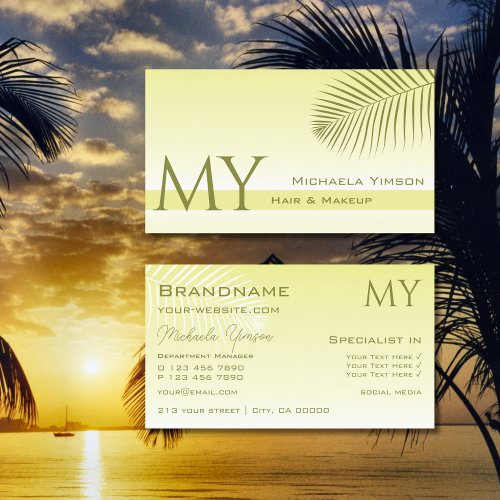 Light Yellow Gradient and Palm Leaf with Monogram Business Card