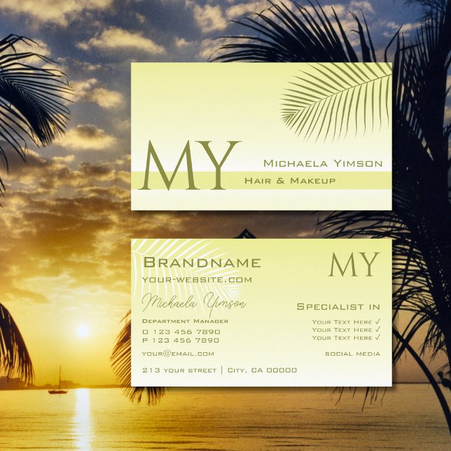 Light Yellow Gradient and Palm Leaf with Monogram Business Card (Creator Uploaded)