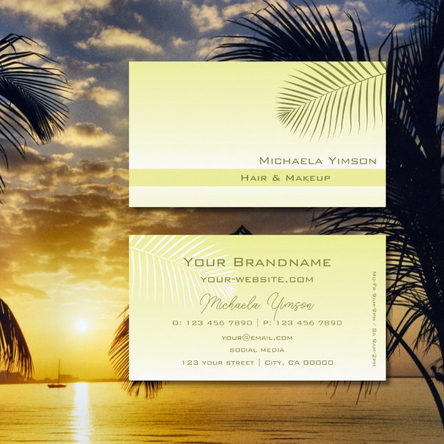 Light Yellow Gradient Modern with Palm Leaf Simple Business Card (Creator Uploaded)