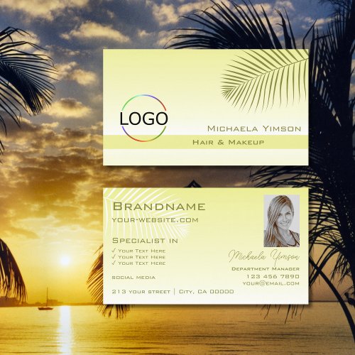 Light Yellow Gradient Palm Leaf Logo and Photo Business Card