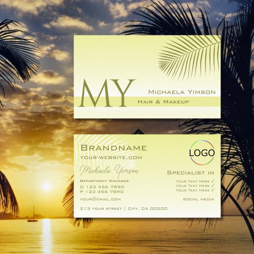 Light Yellow Gradient Palm Leaf Monogram and Logo Business Card