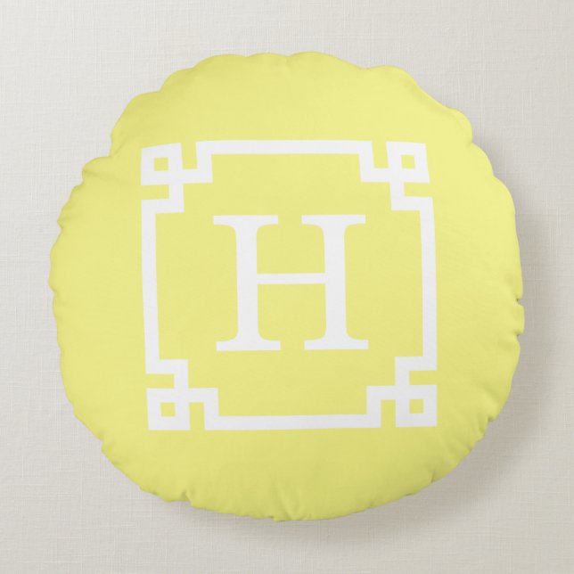 Light Yellow Greek Key Frame #2 Initial Monogram Round Pillow (Front)