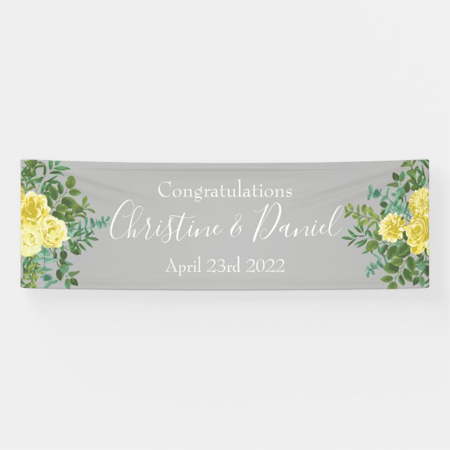 Light Yellow & Grey Peony & Rose Floral Wedding Banner (Horizontal)