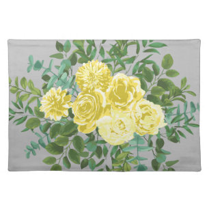 Light Yellow & Grey Peony & Rose Floral Wedding Cloth Placemat