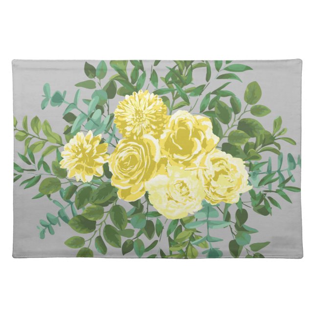 Light Yellow & Grey Peony & Rose Floral Wedding Cloth Placemat (Front)